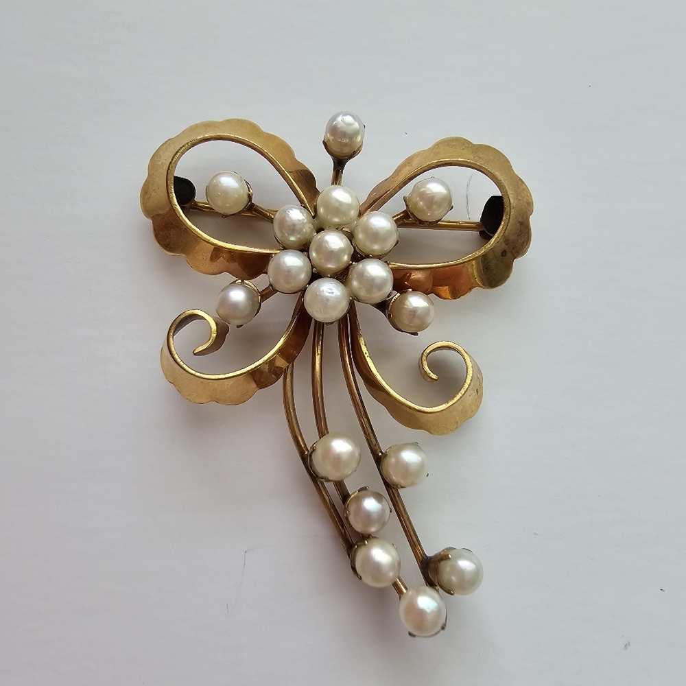 Vintage Signed FB Foster & Bailey 1/20 12K Gold Filled Pearl Bow Brooch MCM
